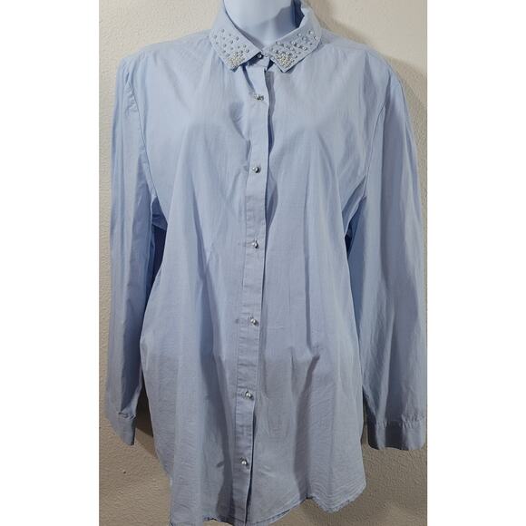 Peck&Peck Light Blue Pearl Button Up Top XL Pearls On Pointed Collar Lightweight - Picture 1 of 7